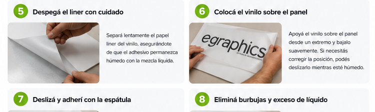 Pasos 5 y 6: retirar el liner y colocar el vinilo sobre el PVC